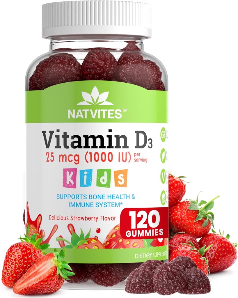 Vitamīns D3 Gumijas bērniem - D vitamīns 1000 SV Pectin Gummy - zemeņu aromatizēts - Kaulu veselība un Imūnās atbalsta papildinājums - ne-GMO, bez lipekļa, vegana, riekstu un piena bez - 120 grāvis (1. iepakojumā)