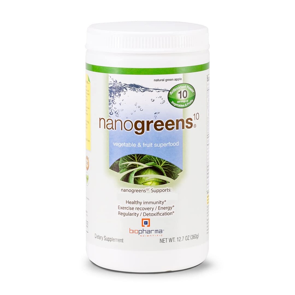 Biopharma Scientific NanoGreens: Zaļie Superfood Augļi un dārzeņi Pulveris gremošanas veselībai un imunitātei ar Spirulina, Chlorella, Kale, Spinach, Augu bāzes, Green Apple Flavor, 30 Servings