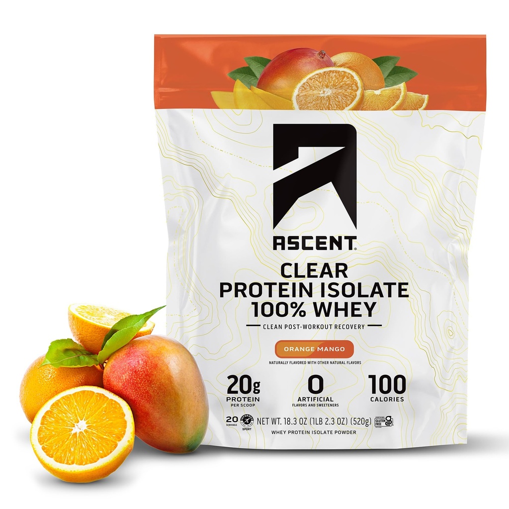 Ascent 100% tīrs sūkalu proteīns pulveris - post Workout, Zero mākslīgie uzliesmotāji un saldinātāji, bez lipekļa, 5.5g BCAA, 2.1g leicīns, essential aminoskābes, Orange Mango, 20 Kalpo