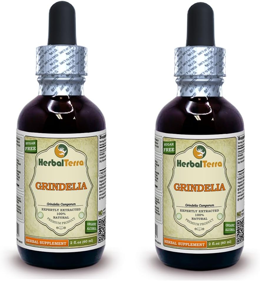 Grindelia (Grindelia Camporum) Tinktūra, žāvēts augu šķidrums ekstrakts (zīmuļa nosaukums: HerbalTerra, Proudly Made in USA) 2x2 fl.oz (2x60 ml)