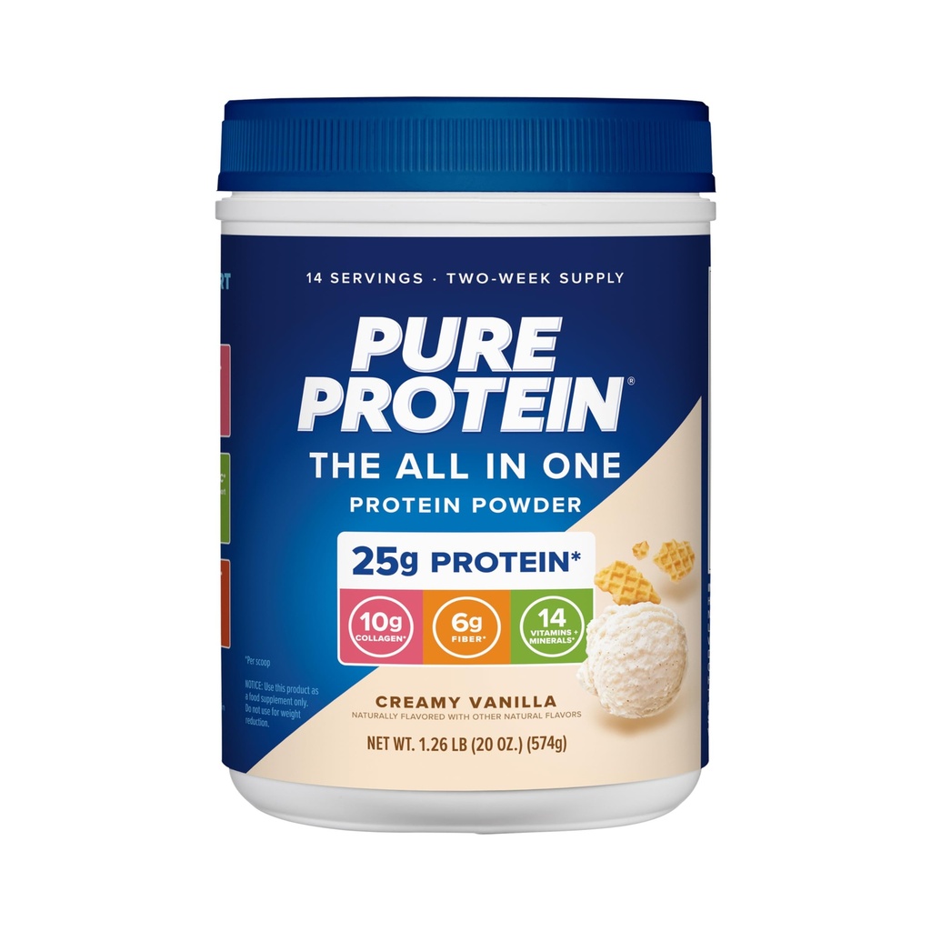 Pure Protein All-In-Viens pulveris, Vanilla - Sūkalas un kolagēns, augsts šķiedru saturs, vitamīni, bez pievienotā cukura, ne-GMO, bez lipekļa, 1,25lb