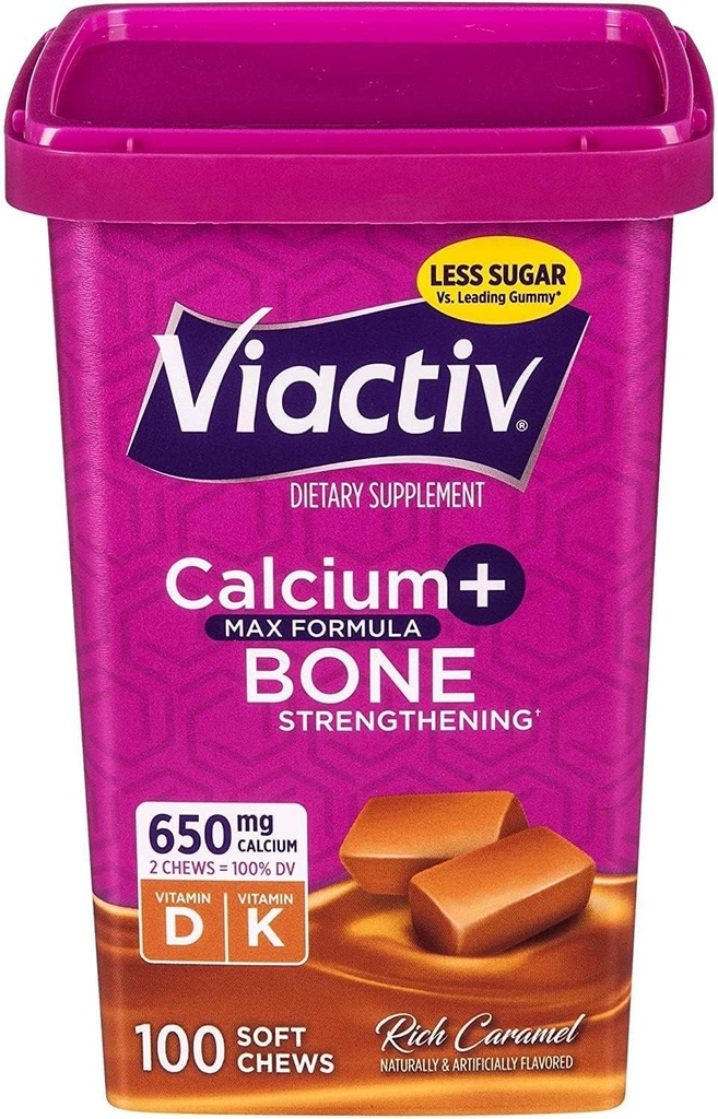 Viactiv Max formula Kalcijs + D3 vitamīns Papildinājums kaulu veselībai, Rich Caramel, 100 Soft Chews