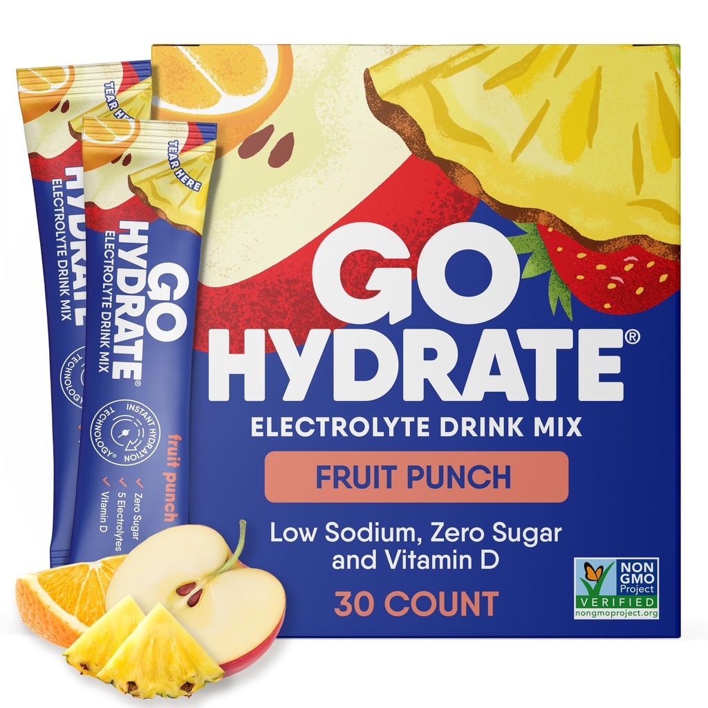 GoHydrate Instant Hydration Powder Packets - zems Nātrija Elektrolītu Dzēriens Mix - Dabas hidrācijas atbalsts, Bezcukura Elektrolītu Uzliesmojošs Pulveris Dzēriens ar vitamīnu D, 30 Iepakojumi, Augļu Punch