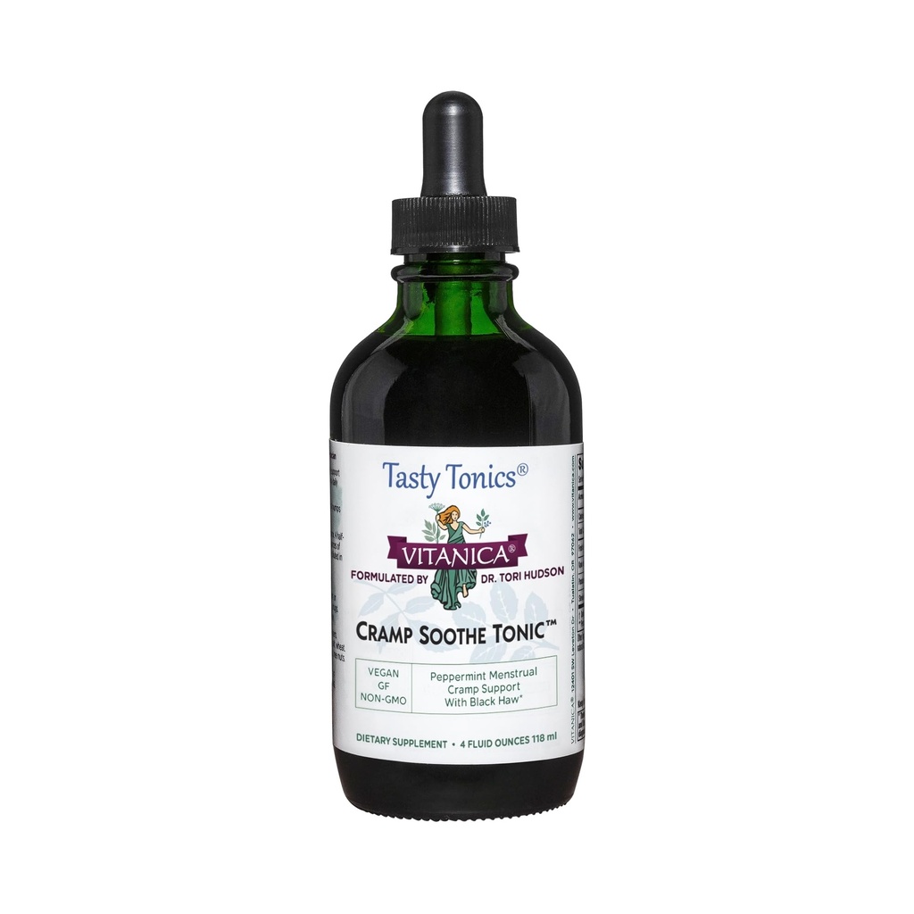 Vitanica Cramp Soothe Tonic, Dr Formulated Menstrual Cramp Support, ar Black Haw Bark, Valerian Root, Ginger Root, un Garrya Herb, bez alkohola, Vegan, 4 Ounce