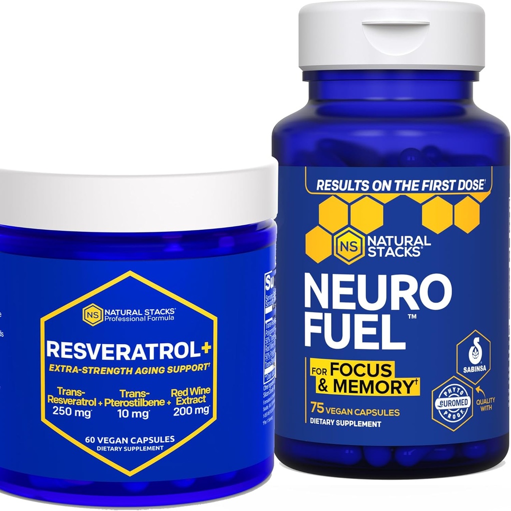NATURAL STACKS Neirofuel & Resveratrol+ Papildbaris - atbalsta fokusu, atmiņu un veselīgu smadzeņu novecošanās* - 135 kapsulas