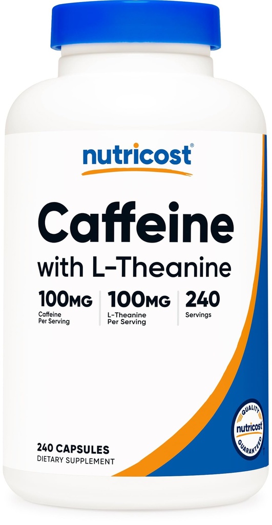Uzturvielu kofeīns ar L-teanīnu, 100mg katrā, 240 kapsulas, 240 Servējumi - ne-GMO un bez lipekļa