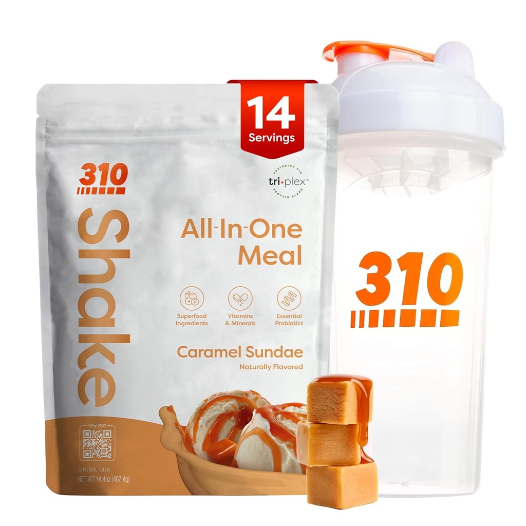 310 Uzturs All-in-one-ēdienreizes nomaiņa Shake pulveris w / Shaker Cup sākuma komplekts - augstas olbaltumvielas Fiber Rich Vegan Superfood Blend - bez cukura, Keto & Paleo Friendly, zems Carb - karamel Sundae 14 srv