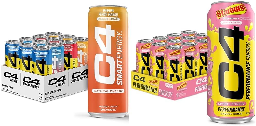 C4 Enerģijas un viedās enerģijas dzērieni Variety Pack, Cukurs Bez Pirms Workout Veiktspējas Dzēriens & C4 Enerģijas Dzēriens, STARBURST Zemeņu, Karbonēts Cukurs Bez Pirms Workout Veiktspējas Dzēriens