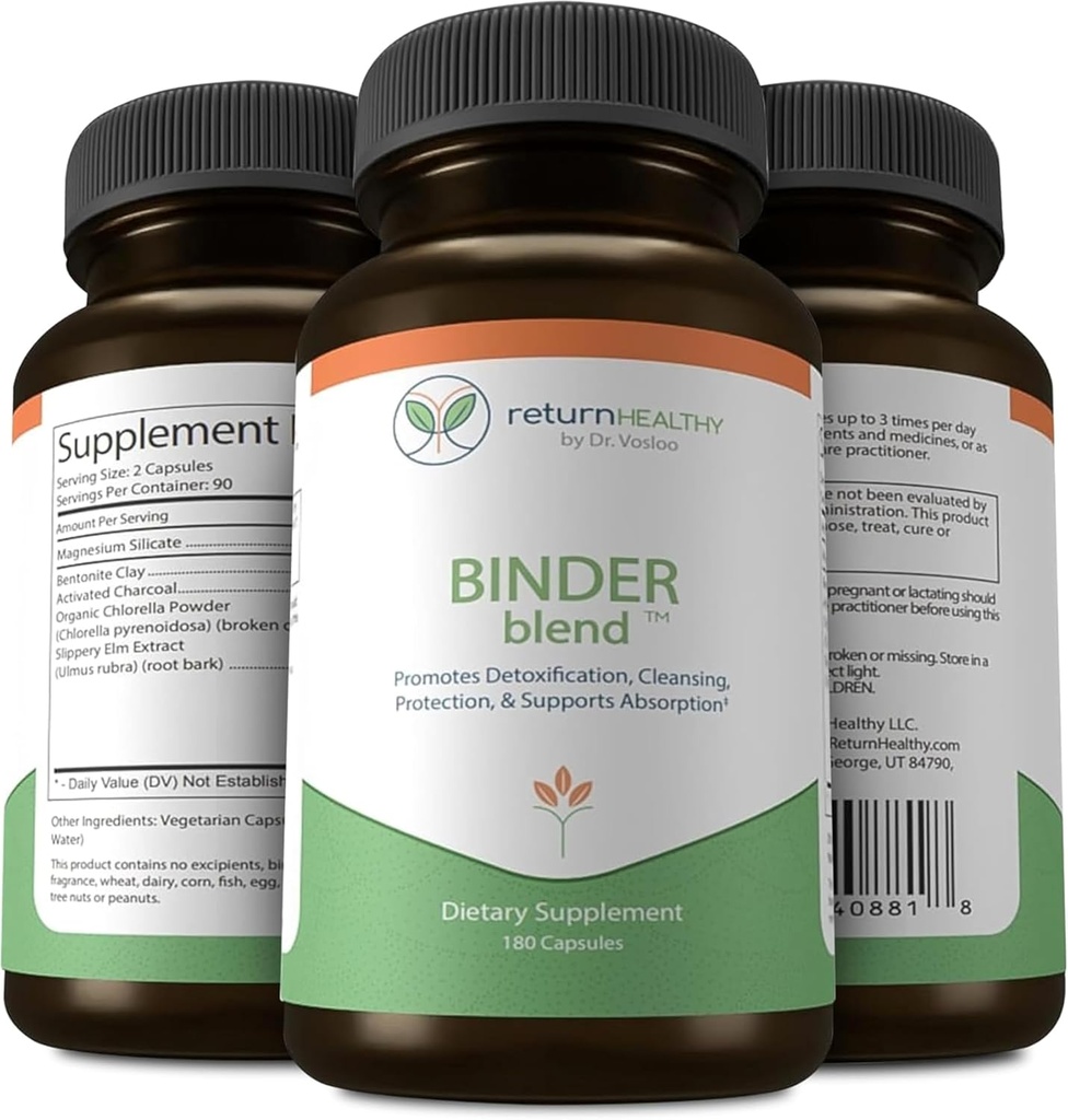 Binder Blend - Toxin Binder Papildinājums, Detox Kapsulas veselīgiem Gut - 180 Kapsulas - 90 Servējumi - 960 mg aktivētās ogles & 480mg organiskās hlorellas - uzputošanas atvieglojums - Bentonīta māls, 3 iepakojumi
