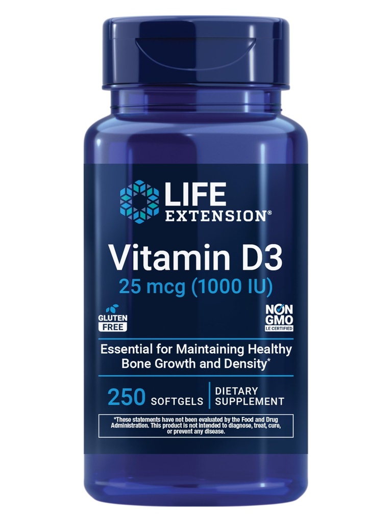 D3 vitamīns 25 μg (1000 SV), Imūnās sistēmas atbalsts, kaulu veselība, vesela ķermeņa veselība, vērtības lielums, bezglutēna, ne- GMO, 250 softgeli