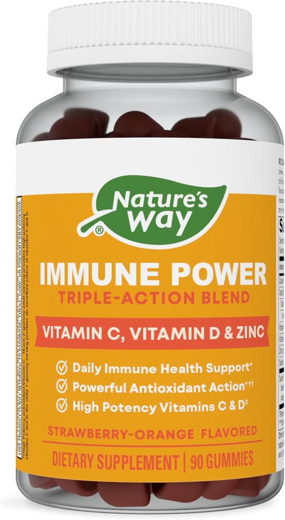 Dabas ceļš Imūnstrāva, Triple Action Imūnsupport Blend*, vitamīni C un D, cinks, zemeņu-apelsīnu aromatizēts, 90 Gumijas
