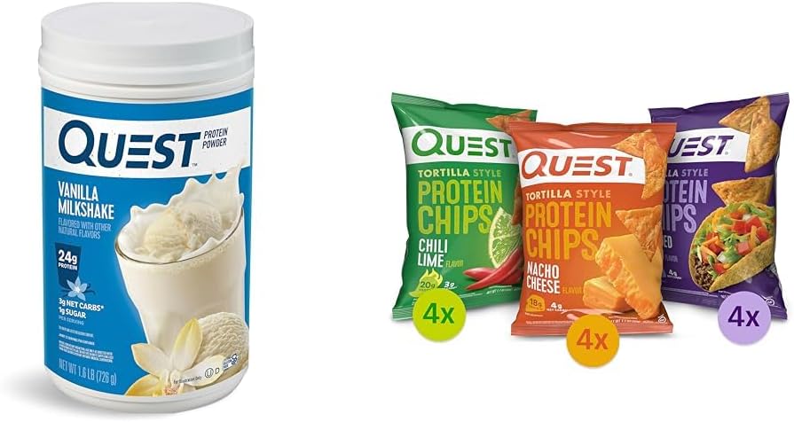 Quest Protein pulveris un Chips Bundle - Vanilla Milkshake pulveris (24g Protein, 1.6lb) + Tortilla Chips Variety Pack (12ct)