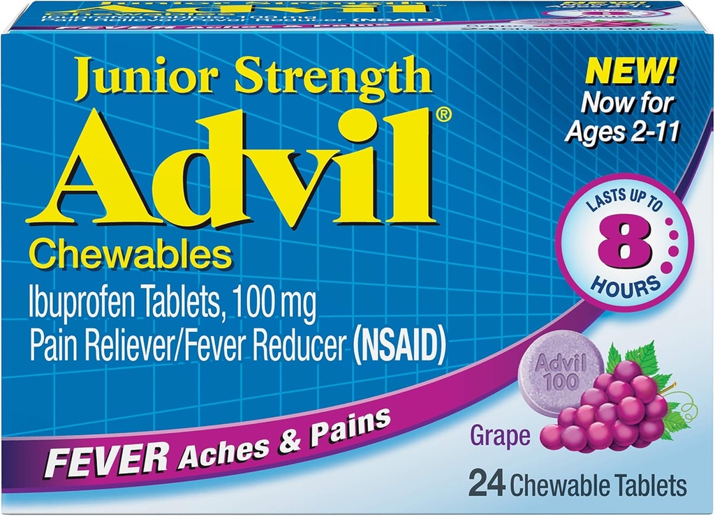 Advil Junior Košļājamās Ibuprofēns Tabletes, Vīnogu 100 mg, 24 tabletes Katra (iepakojums 6)