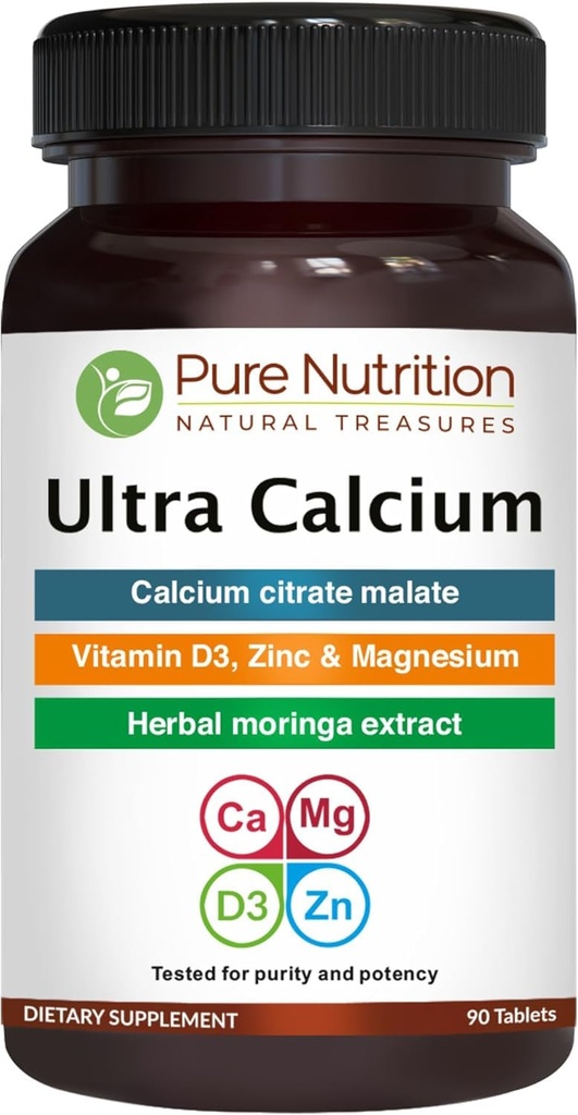 Pure Nutrition Ultra Calcium 1000mg ar VIT D3 + K2 90 Tab • Augsti absorbējamu kalcija piedevu ar kalcija citrātu Malātu, VIT D3, K2, Moringa Oleifera, magniju un cinku.