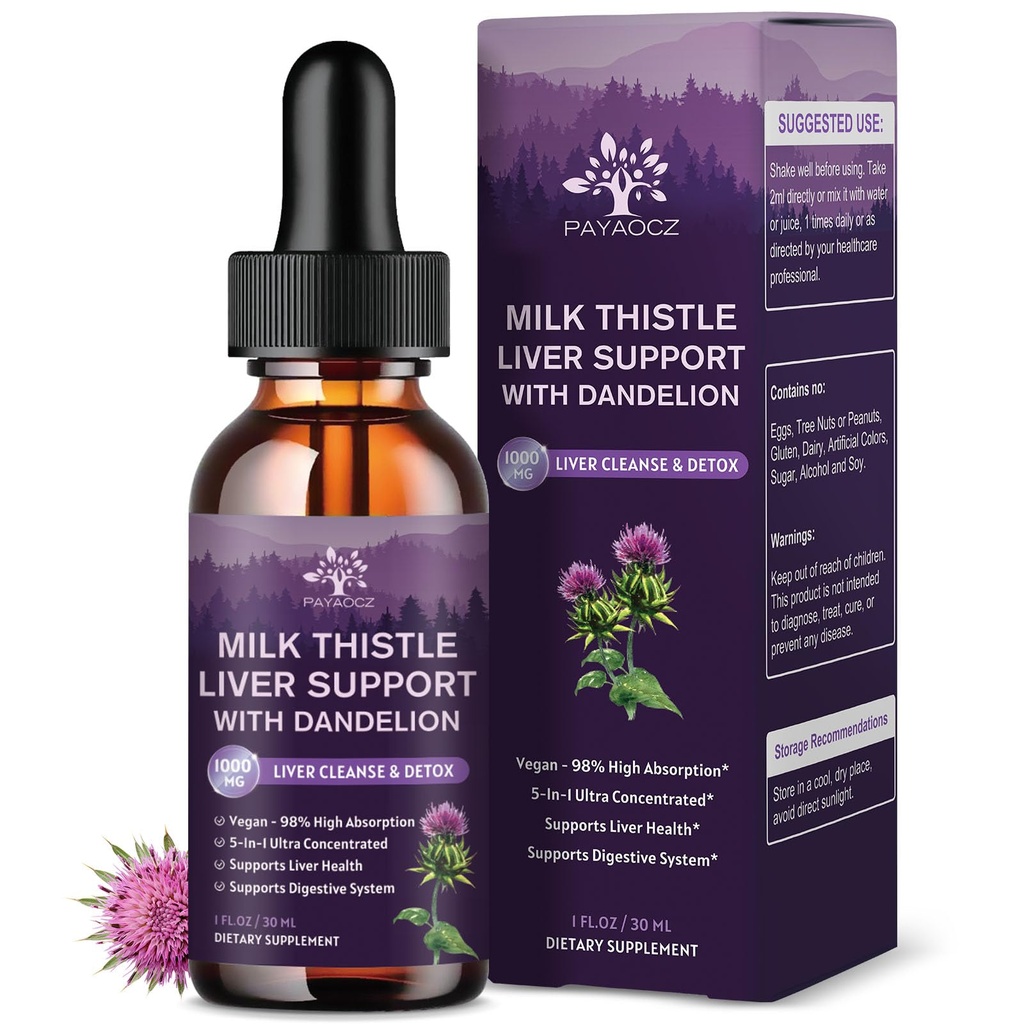 (2 Iepakojums) Piena Thistle Šķidrums Nokrīt Silymarin 1000mg, Aknu Papildinājums Detox & Attīriet ar Dandelion & Artichoke, Piena Thistle Organisks ekstrakts atbalstam Remonts Aknu veselība, Vegan, Non-GMO, 1 Fl Oz
