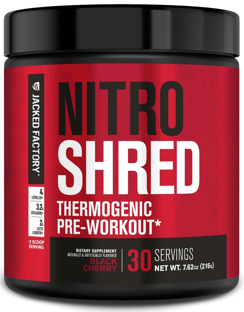 Jacked Factory NITROSURGE Shred Pre Workout Papildinājums - Enerģijas Booster, Instant Strength Gains, Sharp Focus, Jaudīgi sūkņi - Slāpekļa oksīda Booster & PreWorkout Pulveris - 30Sv, Black Cherry