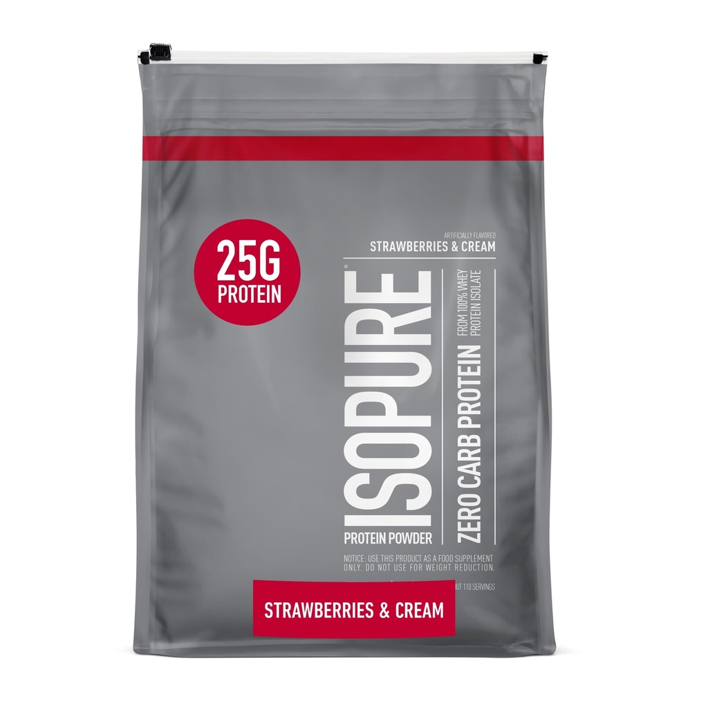 Izopure Zero Carb 100% Pure Whey Isolate Protein Pulveris, nesatur laktozi, bez lipekļa, ar vitamīniem, zemenes un krēmu, 25g Olbaltumvielas Per Servē, 7.5 Lbs, 110 Servējumi (iepakojums var būt)