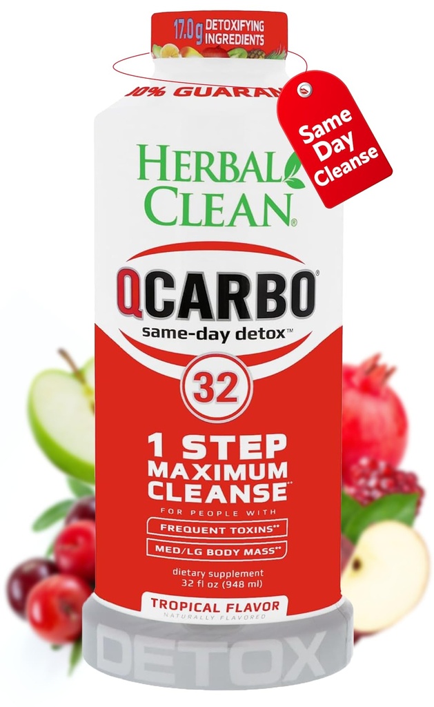 Ārstniecības augu tīrs Qcarbo32 Detox tīrīšanas dzēriens vienā dienā (32 fl oz) - Tropiskais Flavors Pilna ķermeņa tīrīšana* Detox dzēriens vidēja toksīna līmenim*, B2 vitamīns un B12 vitamīns vīriešiem un sievietēm