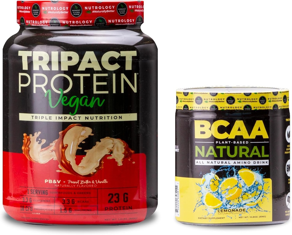 Nutroloģija TRIPACT Vegan Olbaltumvielu pulveris, par Vegan Protein Shakes, zemesriekstu sviests Vanilla (20 Servē) BCAA Natural, augu bāzes BCAA Pulveris, Lemonade Flavor (30 Servē)
