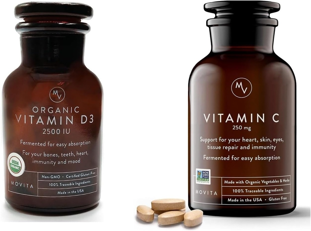 Movita Organic vitamīns D3 2500IU, pudele Fermentēts vitamīns C 250mg Pudele