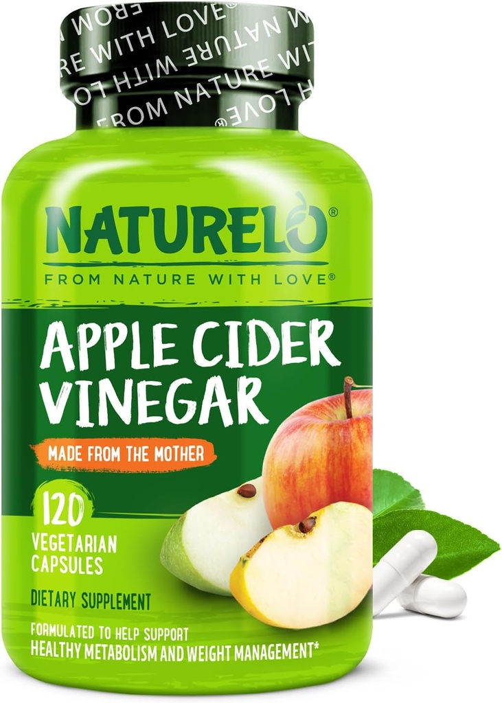 NATURELO Apple Sidra Etiķa kapsulas - Dabīgs ACV ar mātes piedevu vīriešiem un sievietēm detoksam, tīrīšanai un svara kontrolei - 120 Vegan kapsulas