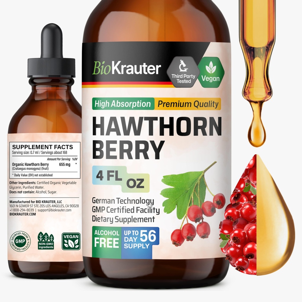 BIO KRAUTER Hawthorn Berry Extract Tincture - Dabiskais Hawthorne Berry papildinājums - 100% tīra formula - Vegāns Cukurs un alkohols Bez - 4 Fl. Oz. - 56 Piegādes diena