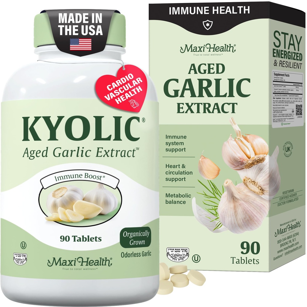 Maksi Veselība Kiolic Organic Ķiploki Papildinājums - Kosher Ķiploki Tabletes ar Kyolic Aged Ķiploki ekstrakts imūnās atbalsta - Veģetārie Ķiploki Tabletes (90 grāfs)