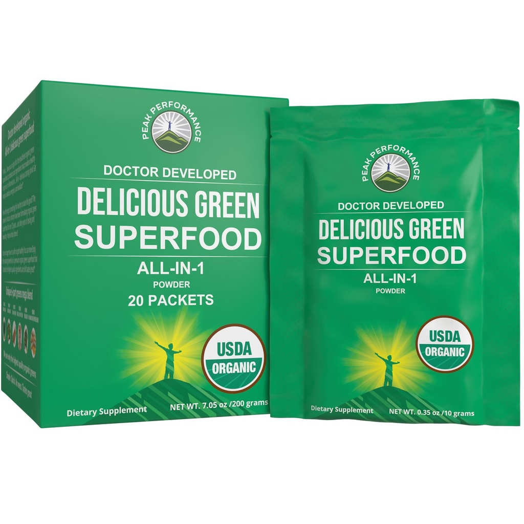 Peak Performance Organic Greens Superfood Powder Single Serve Travel Packets. Labākais garšojošs Organisks zaļās sulas Super Food ar 25+ Visas dabīgās sastāvdaļas Max Energy. (20 Pack)