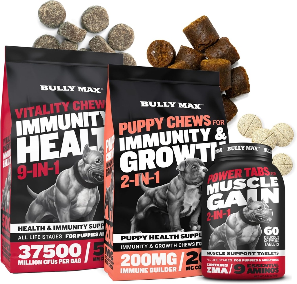 Bully Max Suņu Vitality Chews, Muskuļu celtnieks Tabs (60 tabs) & Kucēnu Chews Bandle – Dienas Suņu papildinājumi muskuļu atbalstu, Imūnās veselības, un pilnīgu uzturu kucēni, pieaugušie, un seniori
