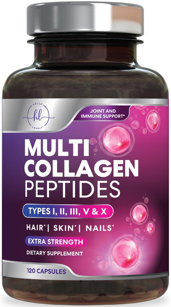 Multi-colagen papildinājums 2400 mg - I, II, III, V un X tips Multi-colagen Peptides tabletes sievietēm un vīriešiem, hidrolizēti kolagēna papildinājumi, mati, āda, nagi, & locītavu atbalsta papildinājums, 120 kapsulas