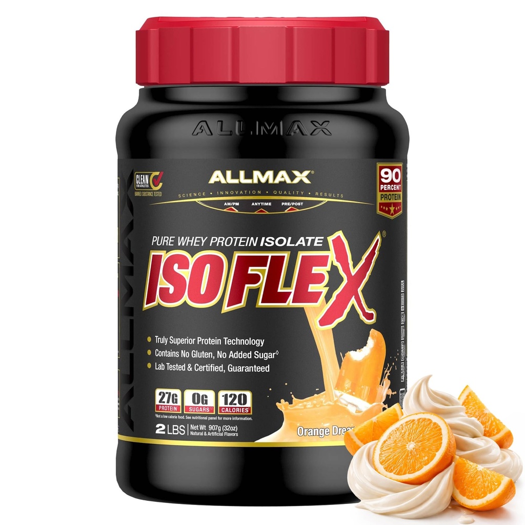 ALLMAX Uzturs ISOFLEX Sūkalu proteīns Izolāts, apelsīnu sapnisikls - 2 lb - 27 Olbaltumvielu grami uz kausiņu - Nulle tauku un cukura - 99% Bez laktozes - Bez lipekļa un sojas - Aptuvens 30 Kalpojumi