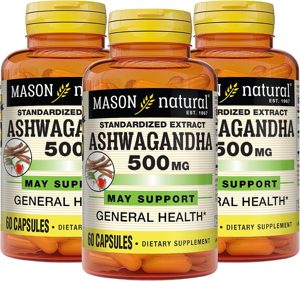 MASON NATURAL Ashwagandha 500 mg, adaptogēns stresa un enerģijas atbalstam, augu papildinājums, 180 dienu piegādes