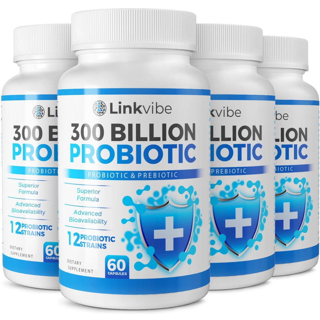 Probiotikas 300 miljardu KVV - 12 celmi ar Organic Prebiotics Gremošanas & Gut, Imūnās, Bloating Health - Probiotikas sievietēm un vīriešiem - Daily Daily Free, Shelf Stabilable - 240 Skaitļi