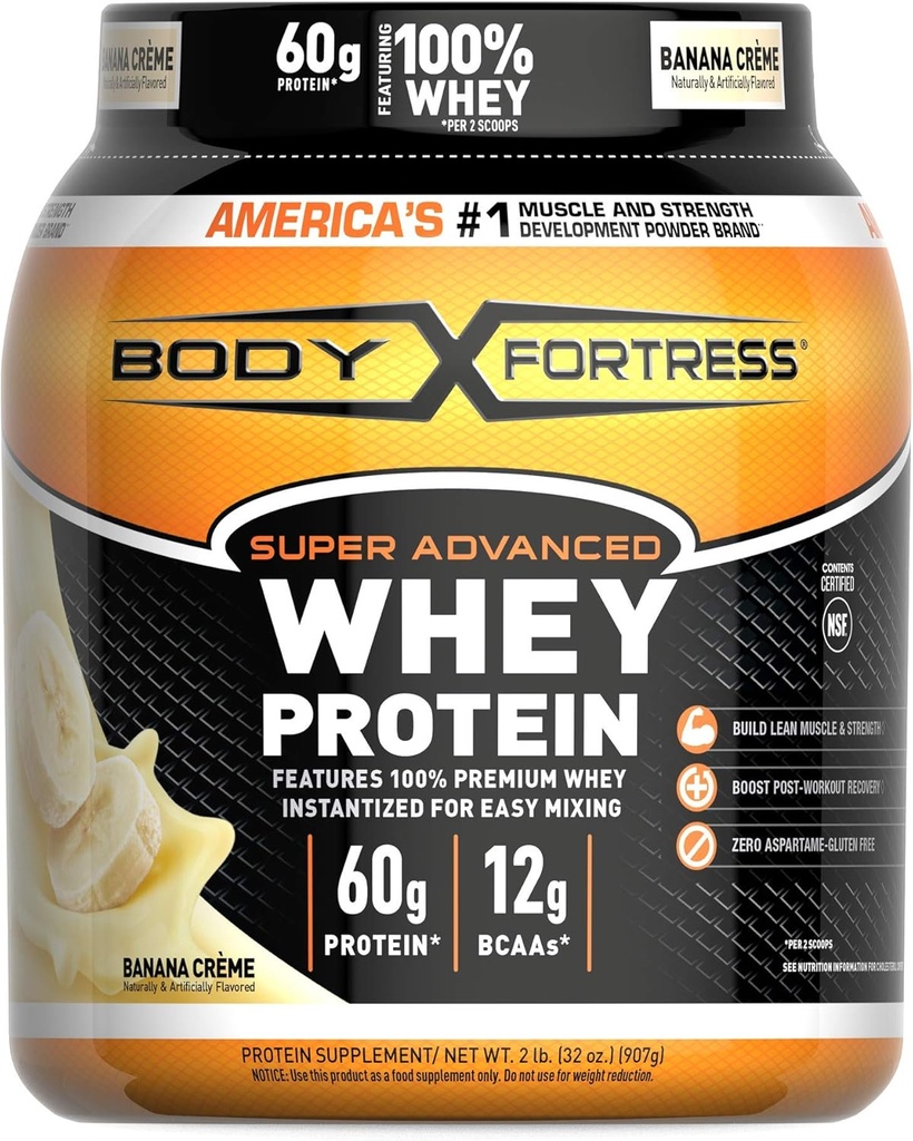 Ķermeņa Fortress Super Advanced Sūkalu Olbaltumvielas Pulveris, Banana Creme uzliesmojošs, bez lipekļa, 2 Lb