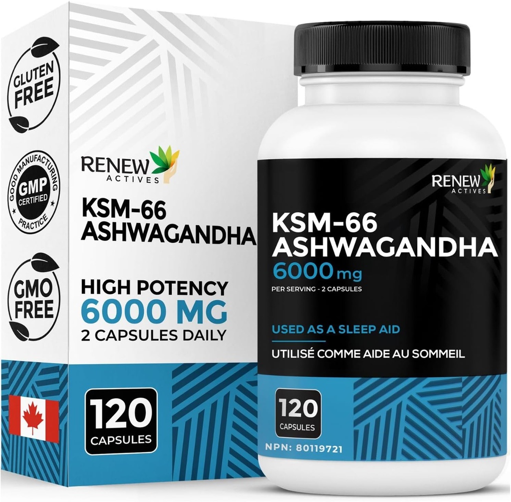 Atjaunot aktīvās Ashwagandha KSM-66 papildinājums 500MG per apkalpo ar melno piparu Superior Absorbcija - Focus & Mood atbalsts, lai palielinātu enerģijas un miega palīdzību - Ražots Kanādā - 120 kapsulas