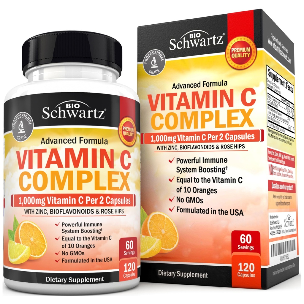 BioSchwartz C vitamīna kompleksa papildinājums - C vitamīna 1000 mg kapsulas ar Rose HIPS Cinka un Citrus Bioflavonoids imūnās veselības, šūnu enerģija, kolagēna ražošana, 120 skaitīšanas (60 dienu piegādes)