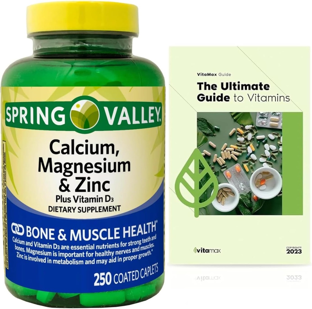 Kalcijs, magnijs, cinks un D3 vitamīns. Ekskluzīvs vitamīnu ceļvedis + pavasara ielejas kalcija, magnija un cinka Plus vitamīns D3 Caplets Diētiskā papildinājums, 250 Skaits