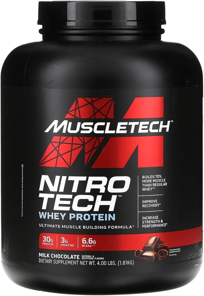 MuscleTech NitroTech veiktspējas sērija Sūkalu izolāta šokolāde 4lb