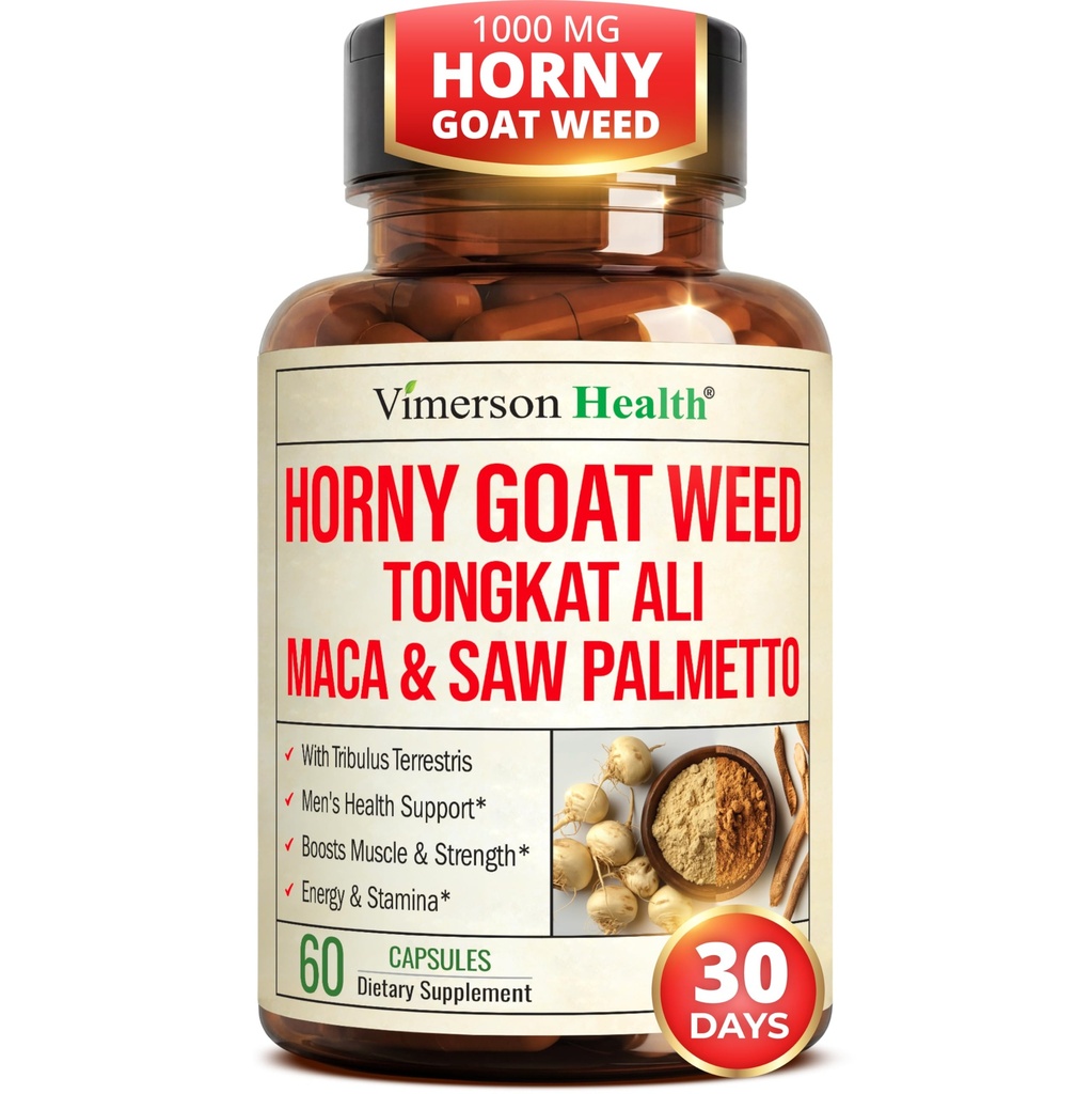 HornyGoatWeed for Men (1000mg uz vienu Kalpotāju) – Vīriešu uzlabojošs papildinājums w/ Maca Root, Tongkat Ali, Saw Palmetto, Panax Ginseng, Tribulus Terrestris & L-Arginine enerģijai, Drive & Stiprums