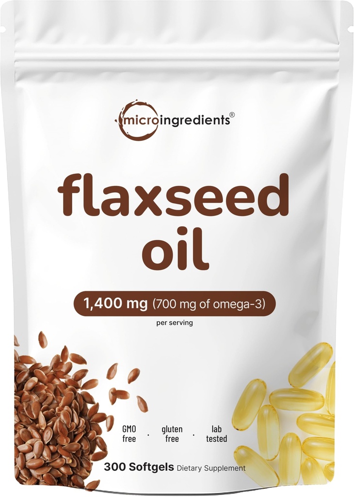 Linsēklu eļļa 1400mg Softgels, 300 Grāfis / 700mg ALA Omega 3, Auksti presēta, bagāta ar taukskābēm, alfa linolēnskābe, atbalsts sirds veselības un imūnās sistēmas   ; Non- GMO, Nr Gluten - 300 Kalpo