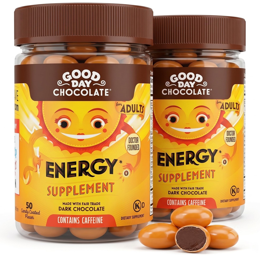 Laba diena Šokolādes enerģijas piedevas pieaugušajiem [2 pack] Godīga tirdzniecība Kofeīna šokolāde ar B-vitamīnu, zaļās tējas ekstrakti un 20 mg kofeīna Per Piece - Enerģijas pastiprinātājs sievietēm un vīriešiem