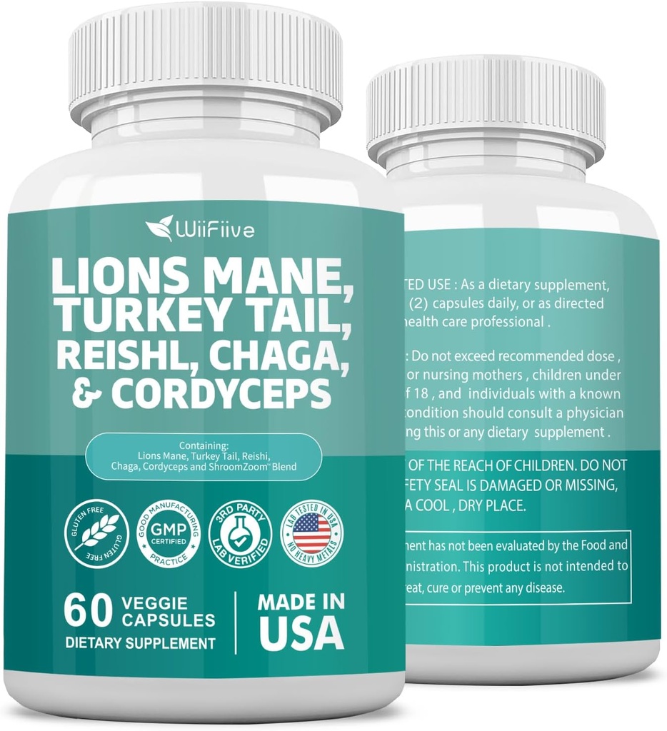 Lauvas Mane 3000mg Turcija Taile 3000mg Reishl 1000mg Chaga 1000mg Cordyceps pulvera ekstrakts, kas satur Maitaake Šitake Black Fungus,Prāta papildinājums, Minerālu papildinājumi, 60 kapsulas