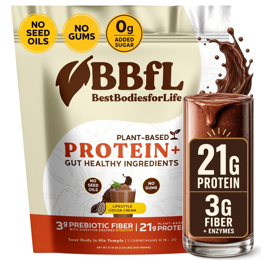 BBfL augu bāzes proteīna sakratīšana – 21g Vegan Protein, Cocoa + Apple Sidra Etiķis, Prebiotikas, Gremošanas fermenti, atbalsts Gut Health – All-in-one Shake sievietēm un vīriešiem (15 Kalpo, Cocoa Cream)