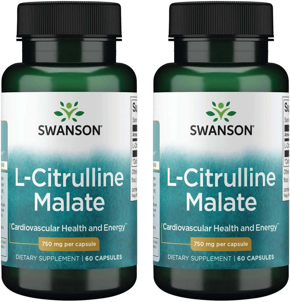 Swanson L-Citrulline Malate - Aminoskābju papildinājums Veicināt enerģijas ražošanu un veselīgu asins cirkulāciju - dabas formula atbalsta vispārējo labsajūtu - (60 kapsulas, 750mg katrs) (2 iepakojums)