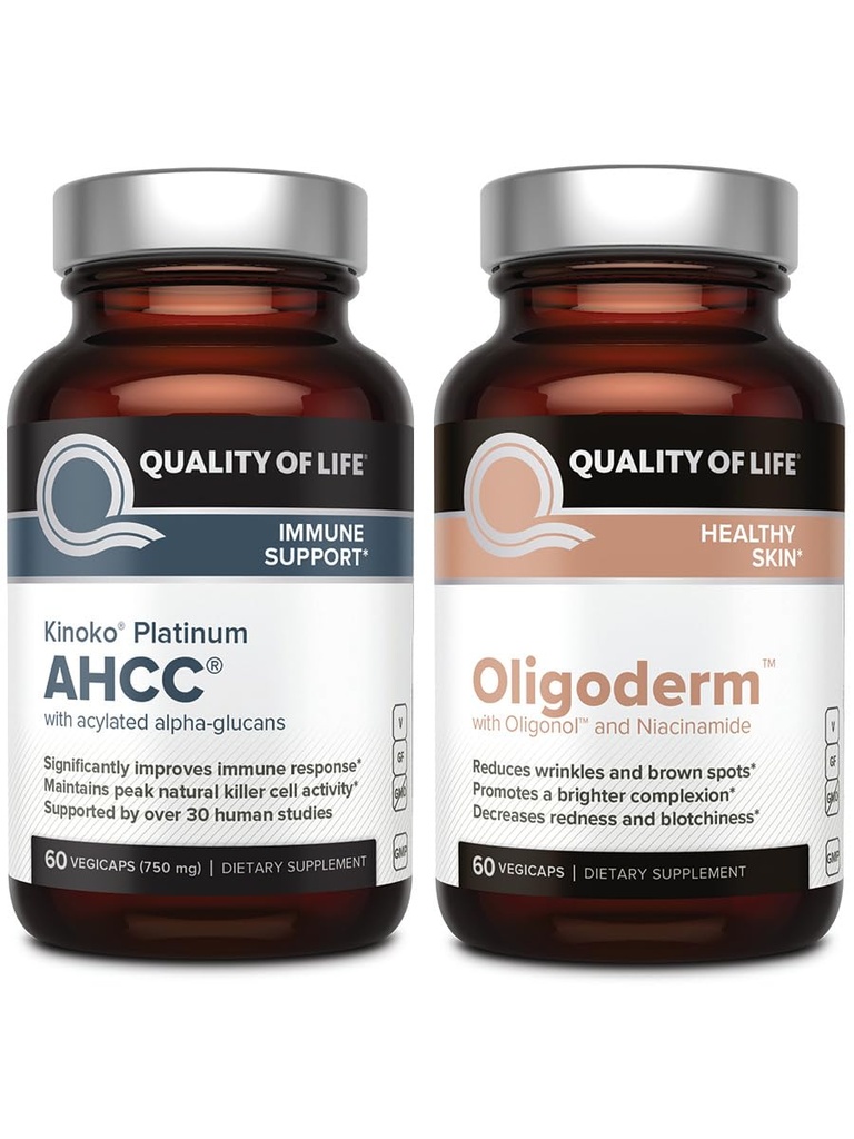 Dzīves kvalitāte Kinoko Platinum AHCC Sēņu ekstrakts un Oligoderm ar Oligonol Lychee ekstrakts - Imūnsupport Ādas veselības Bundle
