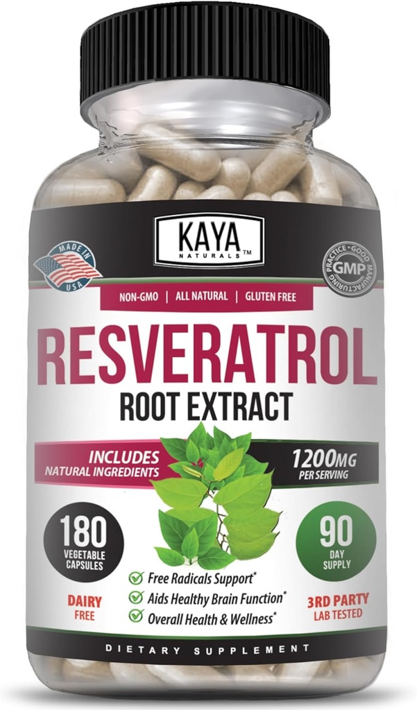 Kaya Naturals - Resveratrol Kapsulas - Pretnovecošanās Papildinājums - Antioksidanti ar smadzeņu atbalstu - Maksimālais ieguvums - 180 Veggies Kapsulas