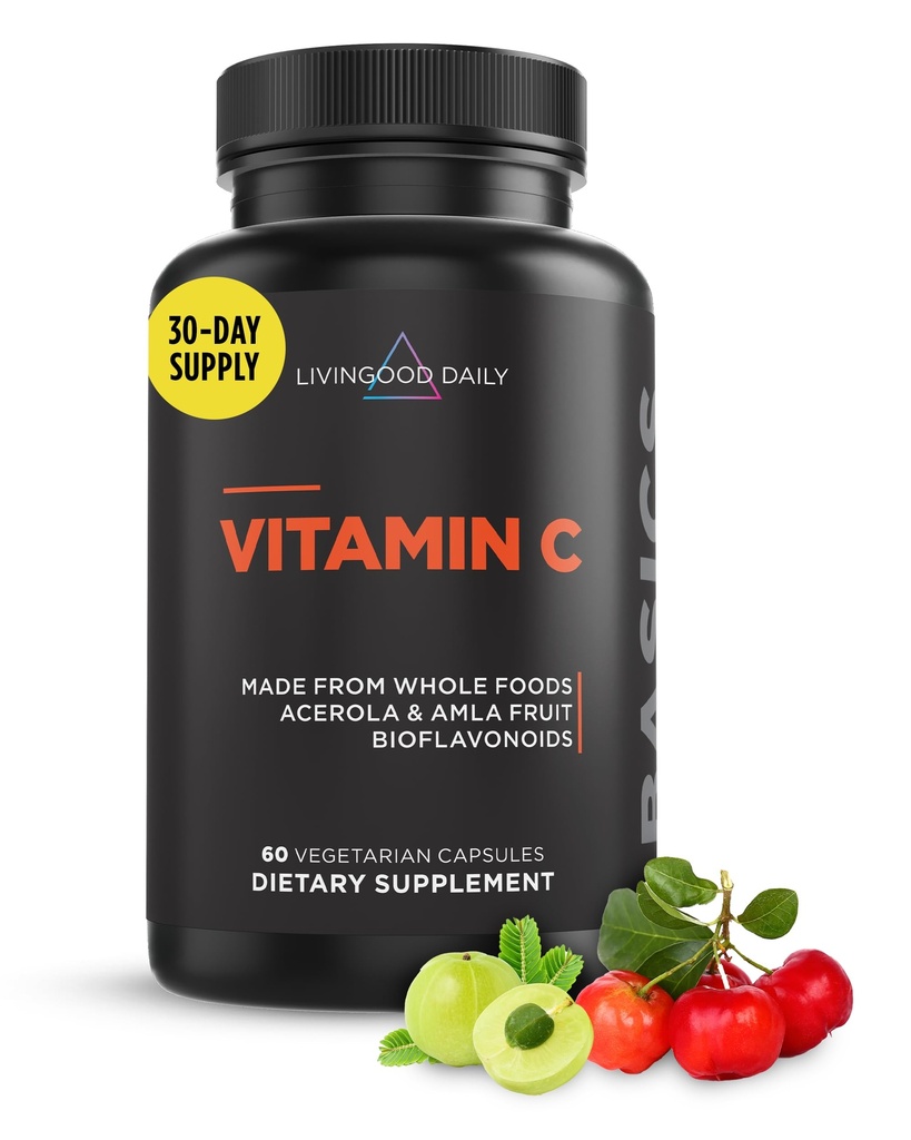Livingood Daily Vitamīna C papildinājums, 3-in-1 Vesels pārtikas bāzes vitamīns C ar Acerola un Amla augļu ekstraktiem un Citrus Bioflavonoids imūno atbalstu, Vegan, bez lipekļa, ne ĢMO, 60 kapsulas