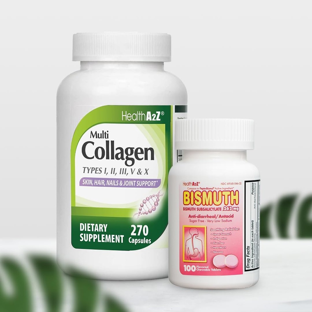 HealthA2Z® Mega Savings Bandle - Bismuta subsalicilāts 262 mg (100 tabletes) un multikolagēna tabletes, 1735 mg (270 kolagēna kapsulas)