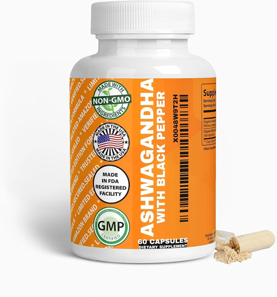 Generic Organic Ashwagandha & Black Pepper Kapsulas, 1300mg & 10mg, 60 Skaits, Boost Immunity & Mood Dabiski