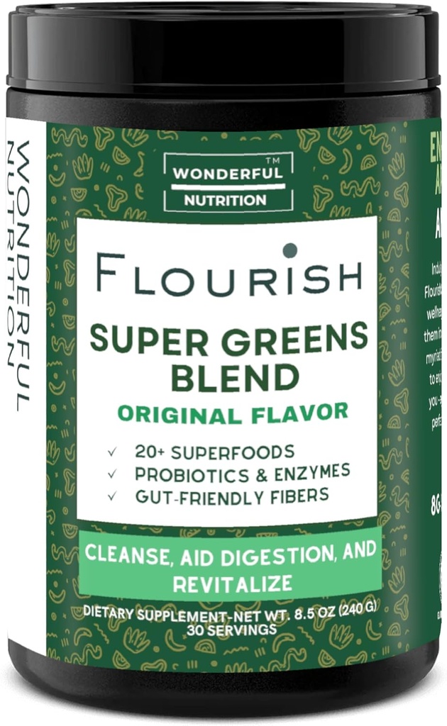 Milzīgi superzaļie. Zaļš pulveris maisījums enerģijai, ar hlorella organisko Spirulina, biešu saknes pulveris, enzīmi un probiotikas, Original, 30 Serves